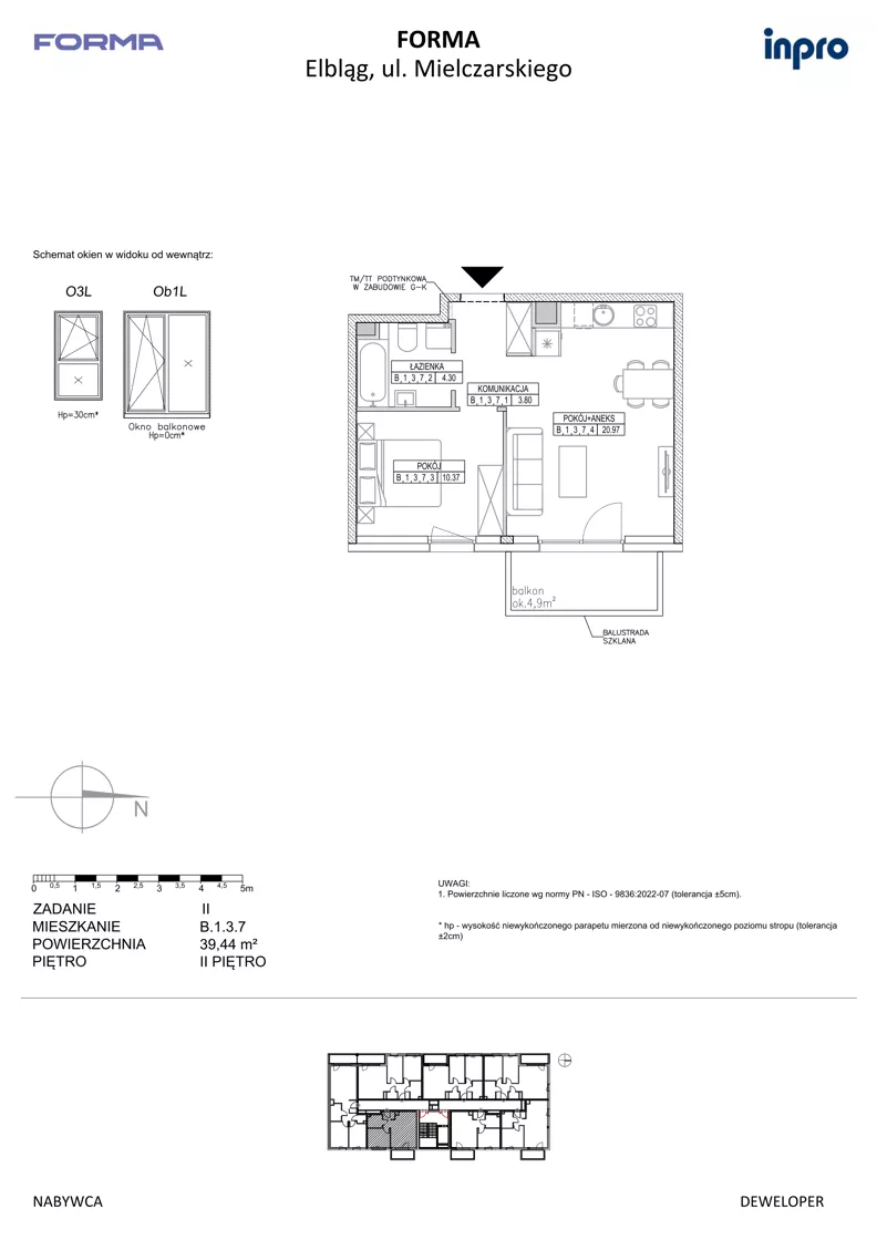 2 pokoje, mieszkanie 39,44 m², piętro 2, oferta nr B.1.3.7, FORMA - II etap, Elbląg, Zatorze, ul. Malborska