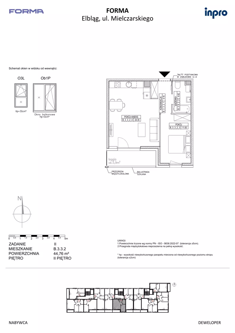 2 pokoje, mieszkanie 44,76 m², piętro 2, oferta nr B.3.3.2, FORMA - II etap, Elbląg, Zatorze, ul. Malborska