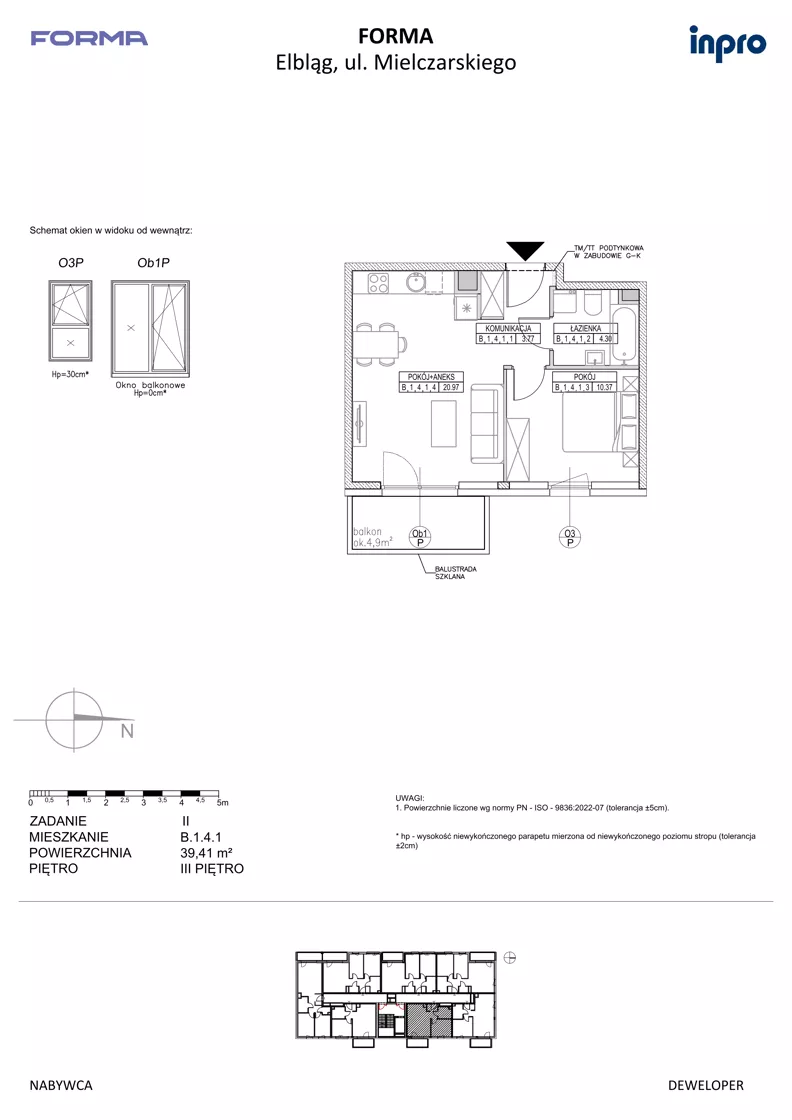 2 pokoje, mieszkanie 39,41 m², piętro 3, oferta nr B.1.4.1, FORMA - II etap, Elbląg, Zatorze, ul. Malborska