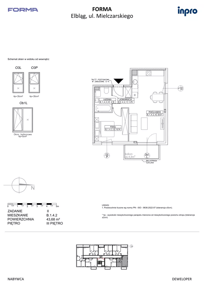 2 pokoje, mieszkanie 43,68 m², piętro 3, oferta nr B.1.4.2, FORMA - II etap, Elbląg, Zatorze, ul. Malborska