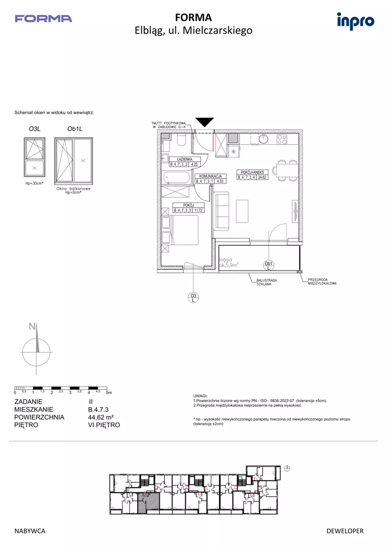 2 pokoje, mieszkanie 44,62 m², piętro 6, oferta nr B.4.7.3, FORMA - II etap, Elbląg, Zatorze, ul. Malborska