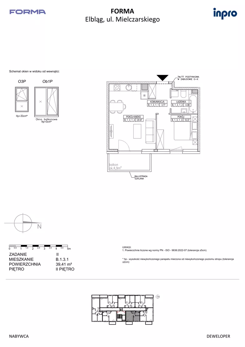 2 pokoje, mieszkanie 39,41 m², piętro 2, oferta nr B.1.3.1, FORMA - II etap, Elbląg, Zatorze, ul. Malborska