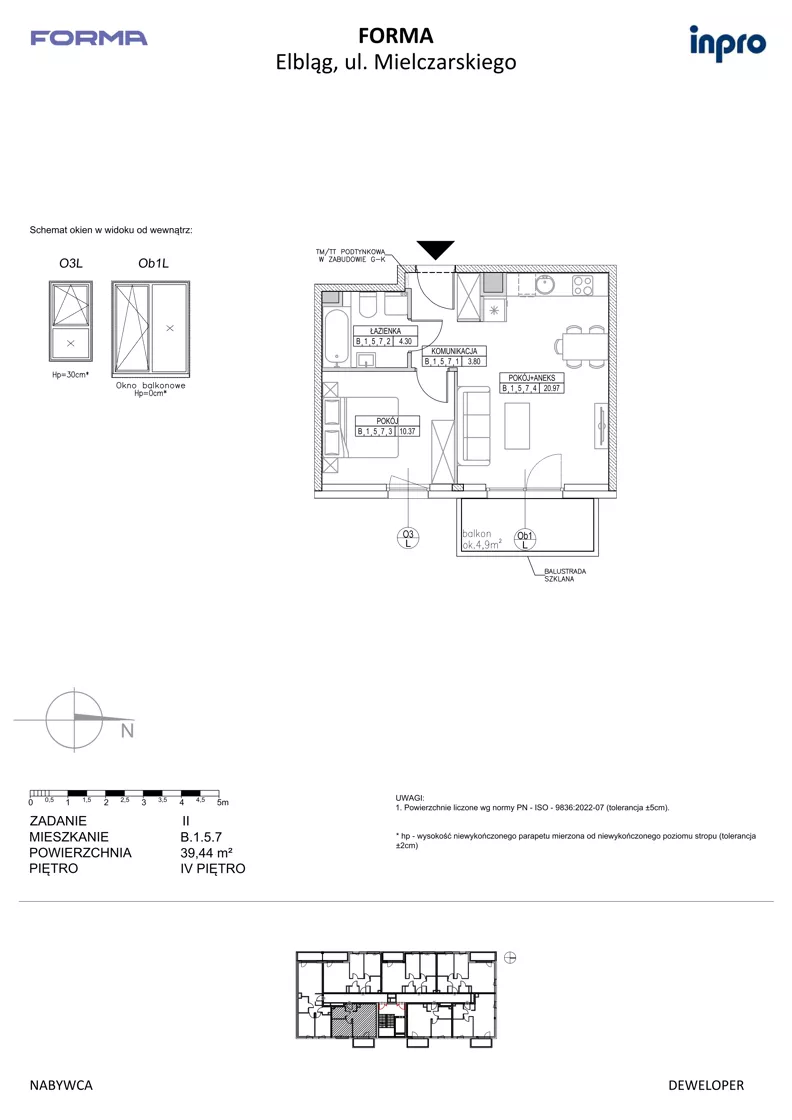 2 pokoje, mieszkanie 39,44 m², piętro 4, oferta nr B.1.5.7, FORMA - II etap, Elbląg, Zatorze, ul. Malborska