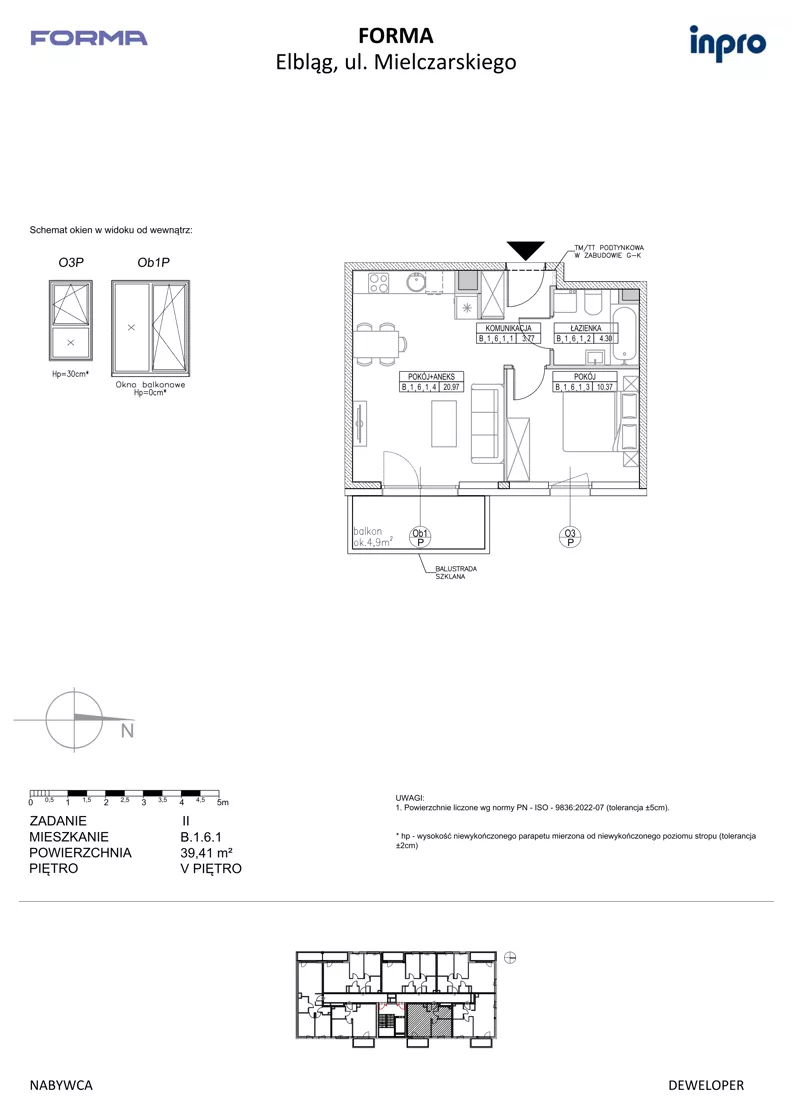 2 pokoje, mieszkanie 39,41 m², piętro 5, oferta nr B.1.6.1, FORMA - II etap, Elbląg, Zatorze, ul. Malborska