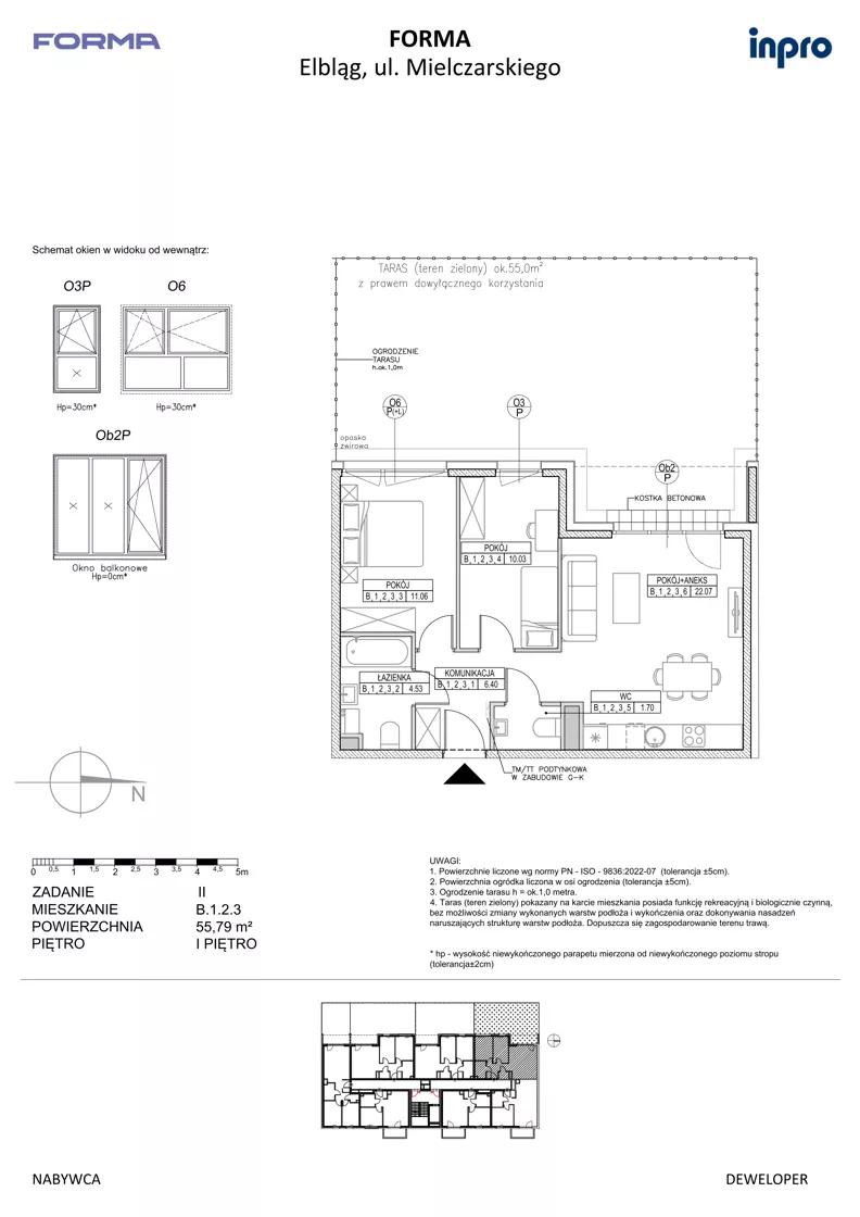 3 pokoje, mieszkanie 55,79 m², piętro 1, oferta nr B.1.2.3, FORMA - II etap, Elbląg, Zatorze, ul. Malborska