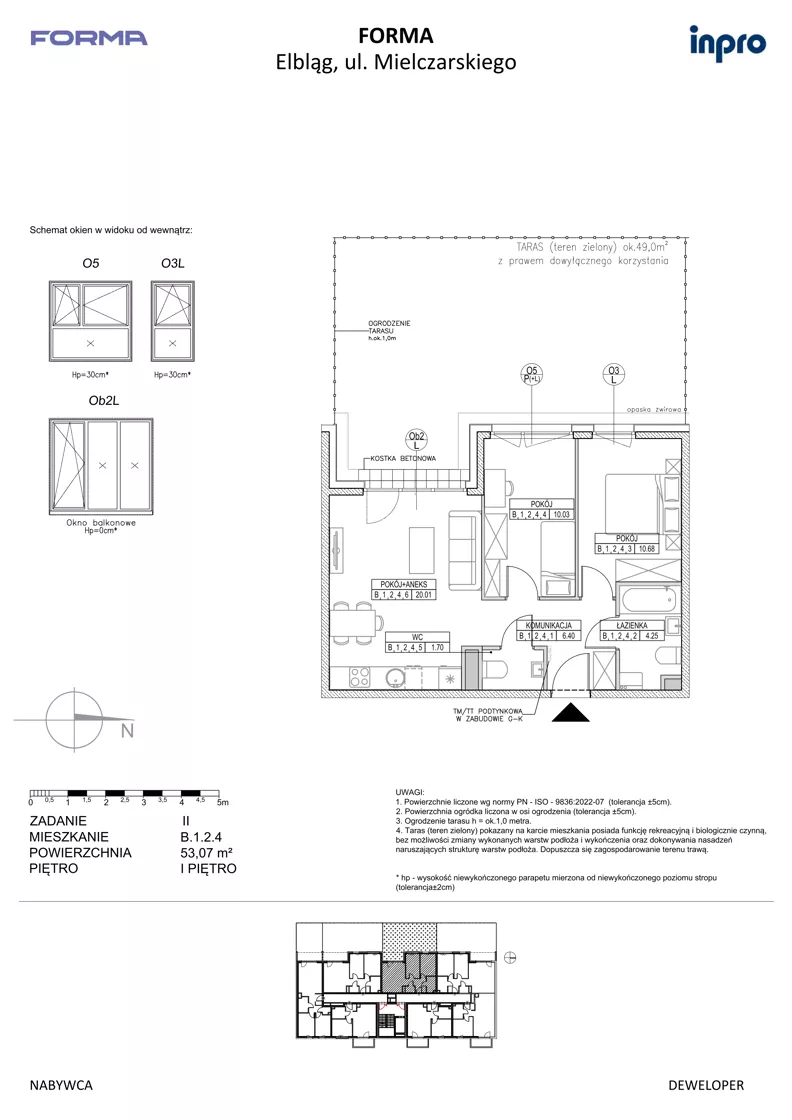 3 pokoje, mieszkanie 53,07 m², piętro 1, oferta nr B.1.2.4, FORMA - II etap, Elbląg, Zatorze, ul. Malborska