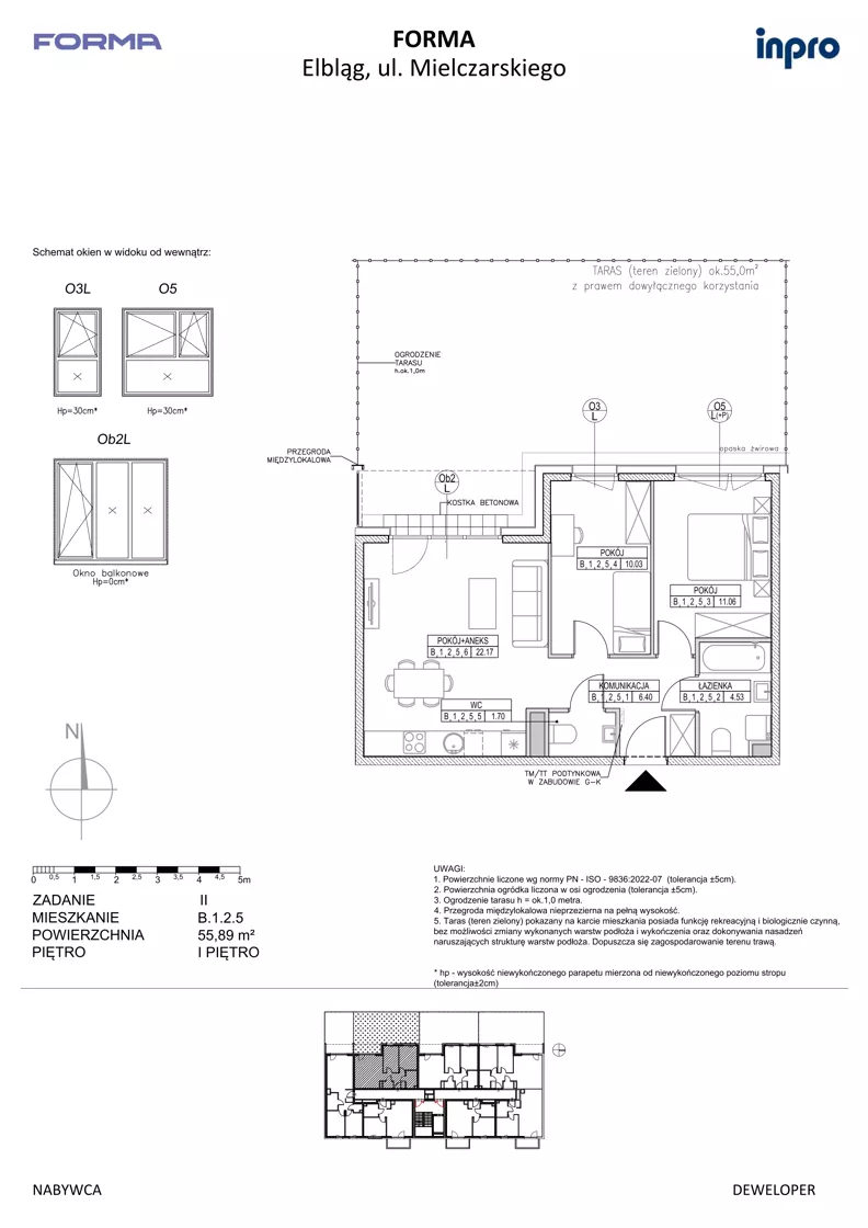 3 pokoje, mieszkanie 55,89 m², piętro 1, oferta nr B.1.2.5, FORMA - II etap, Elbląg, Zatorze, ul. Malborska