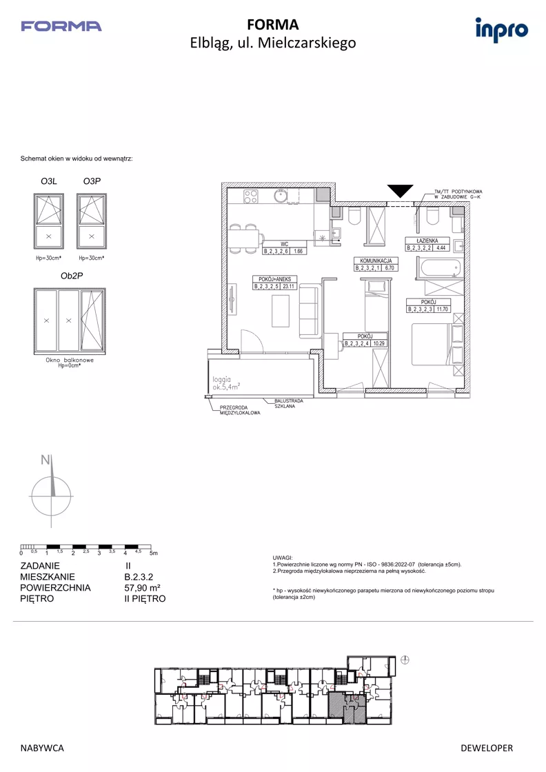 3 pokoje, mieszkanie 57,90 m², piętro 2, oferta nr B.2.3.2, FORMA - II etap, Elbląg, Zatorze, ul. Malborska
