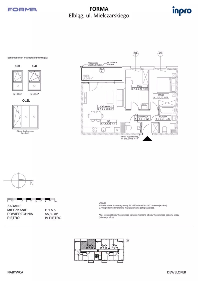 3 pokoje, mieszkanie 55,89 m², piętro 4, oferta nr B.1.5.5, FORMA - II etap, Elbląg, Zatorze, ul. Malborska
