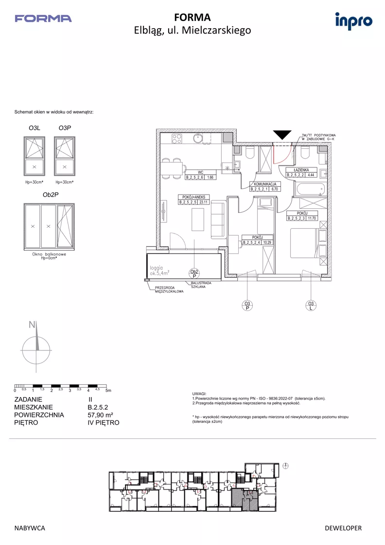 3 pokoje, mieszkanie 57,90 m², piętro 4, oferta nr B.2.5.2, FORMA - II etap, Elbląg, Zatorze, ul. Malborska