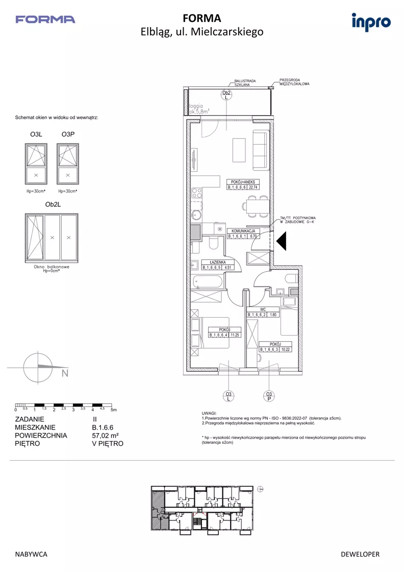 3 pokoje, mieszkanie 57,02 m², piętro 5, oferta nr B.1.6.6, FORMA - II etap, Elbląg, Zatorze, ul. Malborska