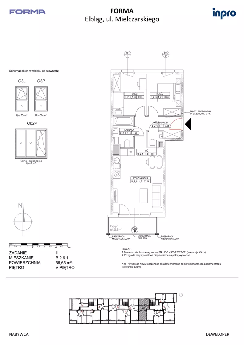 3 pokoje, mieszkanie 56,65 m², piętro 5, oferta nr B.2.6.1, FORMA - II etap, Elbląg, Zatorze, ul. Malborska
