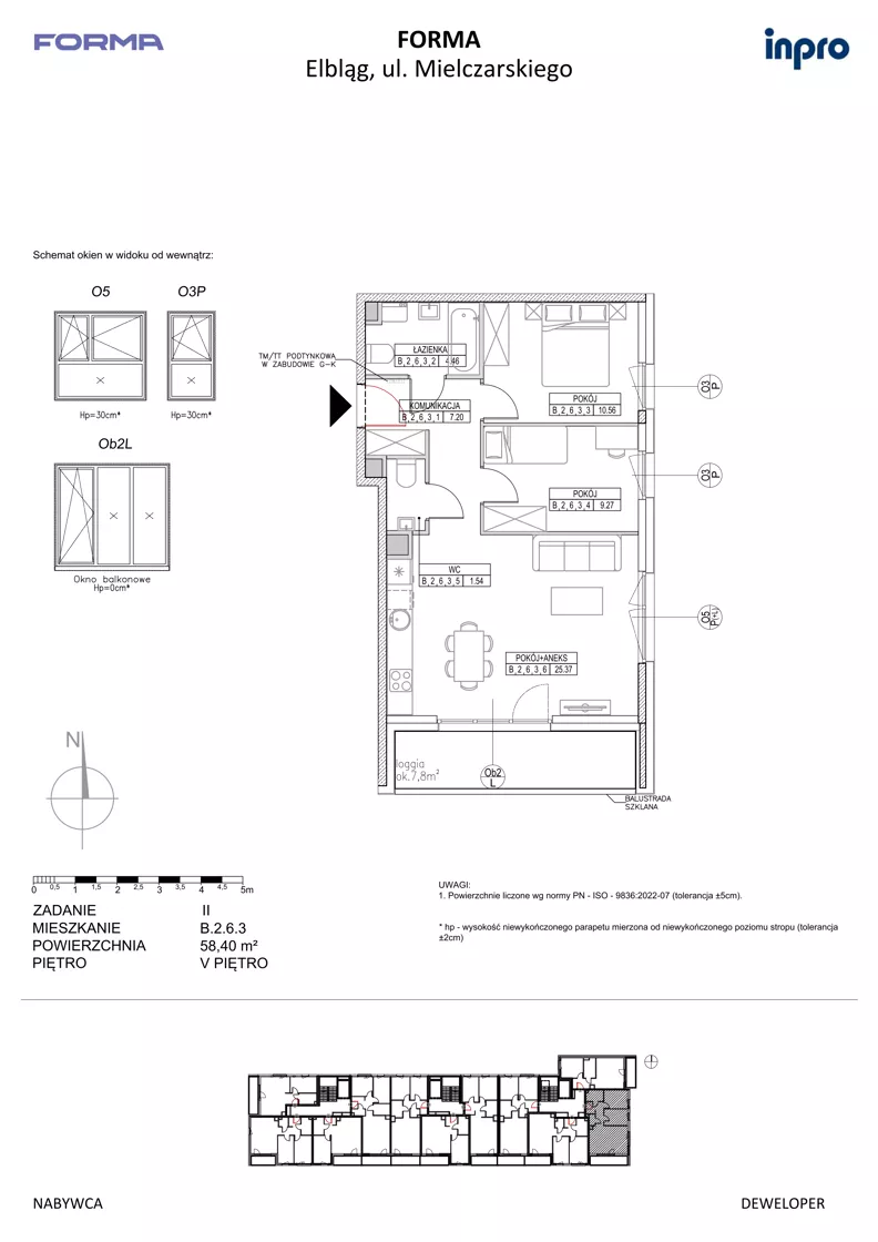 3 pokoje, mieszkanie 58,40 m², piętro 5, oferta nr B.2.6.3, FORMA - II etap, Elbląg, Zatorze, ul. Malborska