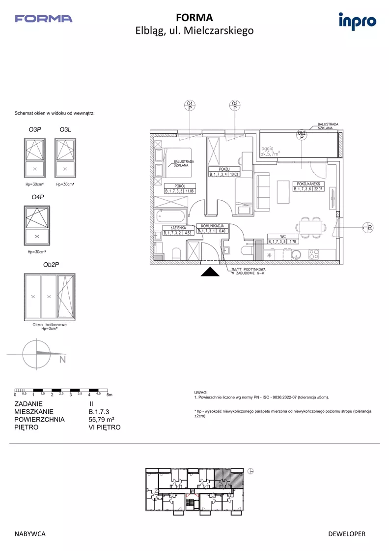 3 pokoje, mieszkanie 55,79 m², piętro 6, oferta nr B.1.7.3, FORMA - II etap, Elbląg, Zatorze, ul. Malborska