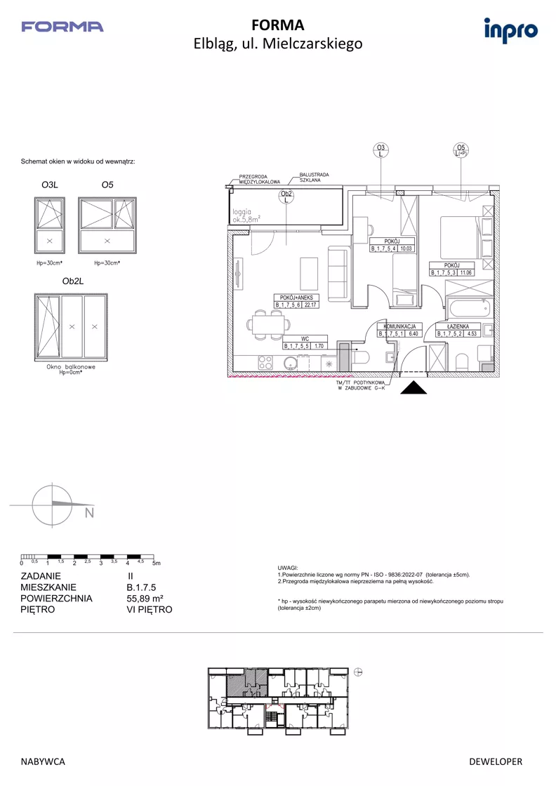 3 pokoje, mieszkanie 55,89 m², piętro 6, oferta nr B.1.7.5, FORMA - II etap, Elbląg, Zatorze, ul. Malborska