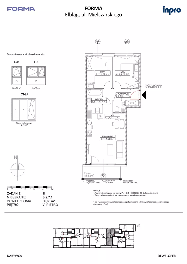 3 pokoje, mieszkanie 56,65 m², piętro 6, oferta nr B.2.7.1, FORMA - II etap, Elbląg, Zatorze, ul. Malborska