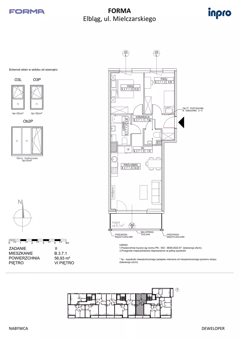3 pokoje, mieszkanie 56,93 m², piętro 6, oferta nr B.3.7.1, FORMA - II etap, Elbląg, Zatorze, ul. Malborska