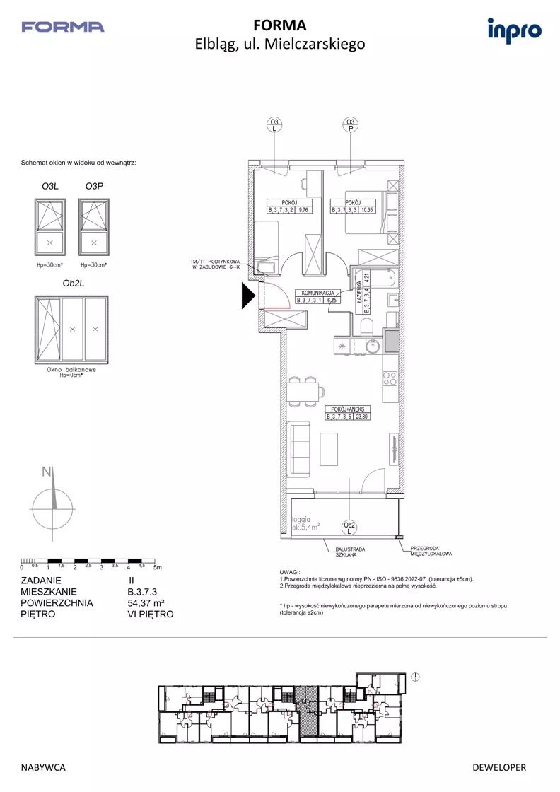 3 pokoje, mieszkanie 54,37 m², piętro 6, oferta nr B.3.7.3, FORMA - II etap, Elbląg, Zatorze, ul. Malborska