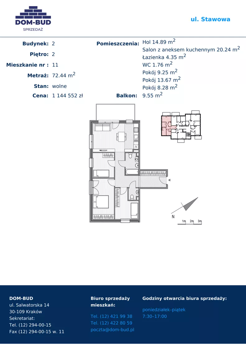 4 pokoje, mieszkanie 72,44 m², piętro 2, oferta nr 1/2-11, ul. Stawowa, Kraków, Prądnik Biały, Bronowice Wielkie, ul. Stawowa 242