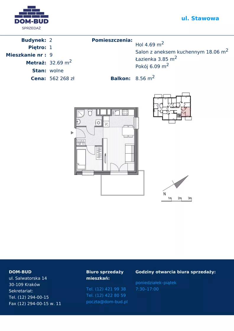 2 pokoje, mieszkanie 32,69 m², piętro 1, oferta nr 1/2-9, ul. Stawowa, Kraków, Prądnik Biały, Bronowice Wielkie, ul. Stawowa 242