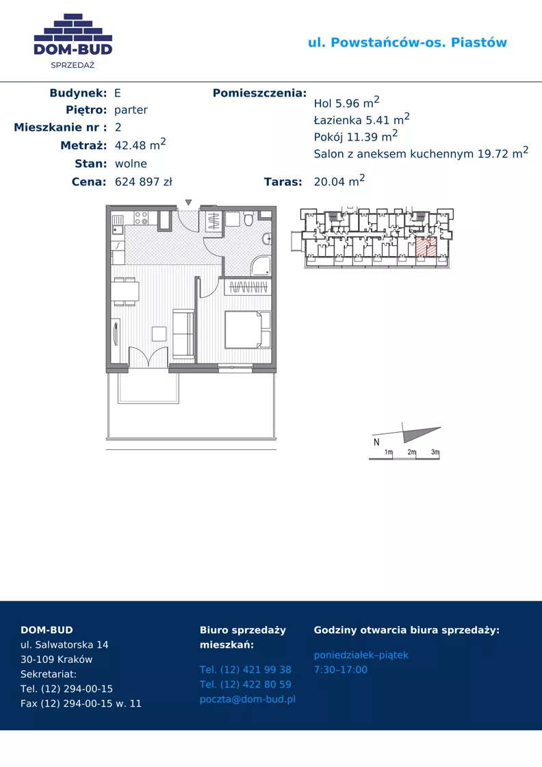 2 pokoje, mieszkanie 42,48 m², parter, oferta nr 2, ul. Powstańców / os. Piastów - Budynek E, Kraków, Mistrzejowice, Osiedle Piastów, ul. Powstańców / os. Piastów