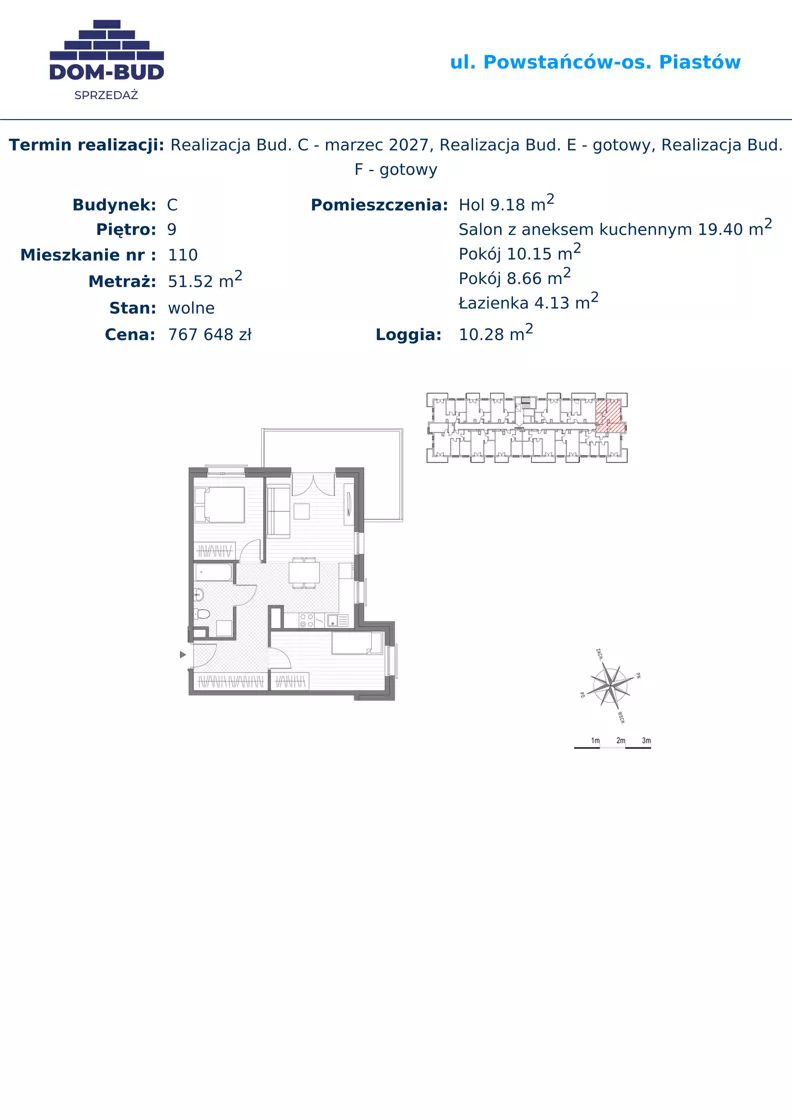 3 pokoje, mieszkanie 51,52 m², piętro 9, oferta nr 110, ul. Powstańców / os. Piastów - Budynek C, Kraków, Mistrzejowice, Osiedle Piastów, ul. Powstańców / os. Piastów 75
