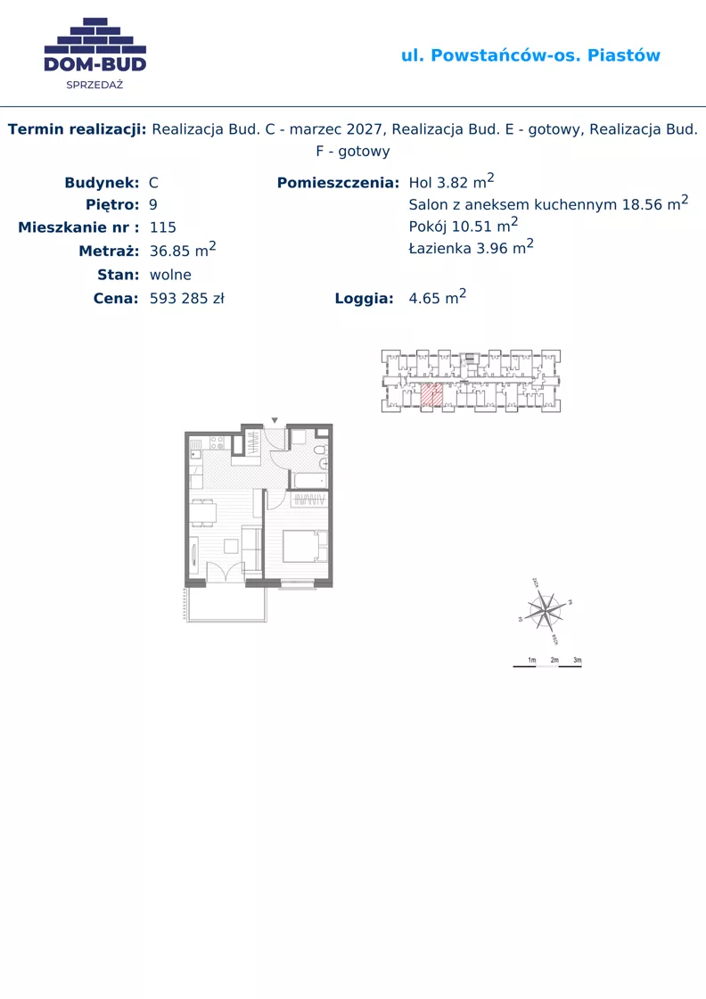 2 pokoje, mieszkanie 36,85 m², piętro 9, oferta nr 115, ul. Powstańców / os. Piastów - Budynek C, Kraków, Mistrzejowice, Osiedle Piastów, ul. Powstańców / os. Piastów 75