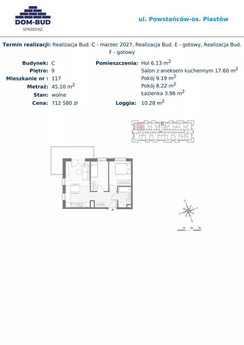 3 pokoje, mieszkanie 45,10 m², piętro 9, oferta nr 117, ul. Powstańców / os. Piastów - Budynek C, Kraków, Mistrzejowice, Osiedle Piastów, ul. Powstańców / os. Piastów 75