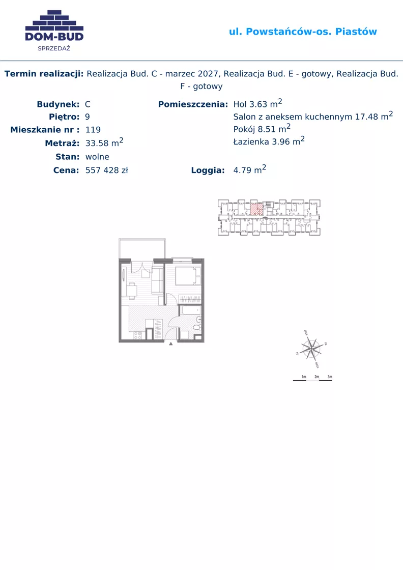2 pokoje, mieszkanie 33,58 m², piętro 9, oferta nr 119, ul. Powstańców / os. Piastów - Budynek C, Kraków, Mistrzejowice, Osiedle Piastów, ul. Powstańców / os. Piastów 75
