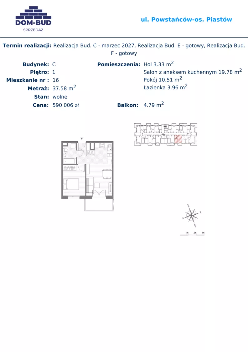 2 pokoje, mieszkanie 37,58 m², piętro 1, oferta nr 16, ul. Powstańców / os. Piastów - Budynek C, Kraków, Mistrzejowice, Osiedle Piastów, ul. Powstańców / os. Piastów 75