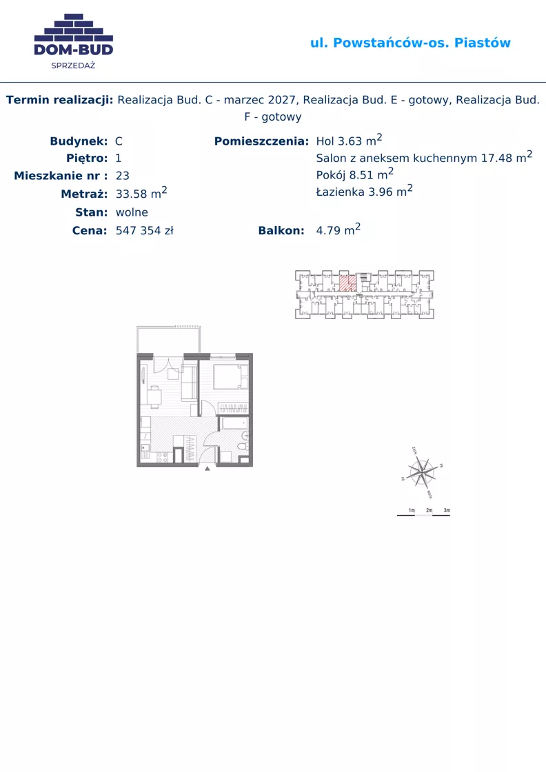2 pokoje, mieszkanie 33,58 m², piętro 1, oferta nr 23, ul. Powstańców / os. Piastów - Budynek C, Kraków, Mistrzejowice, Osiedle Piastów, ul. Powstańców / os. Piastów 75