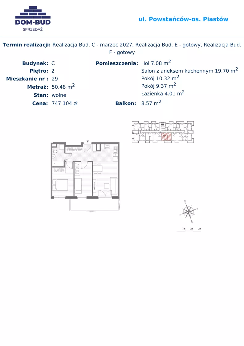3 pokoje, mieszkanie 50,48 m², piętro 2, oferta nr 29, ul. Powstańców / os. Piastów - Budynek C, Kraków, Mistrzejowice, Osiedle Piastów, ul. Powstańców / os. Piastów 75