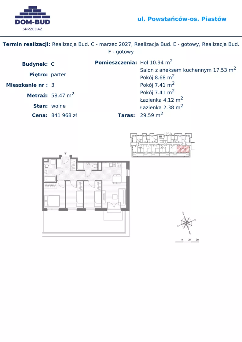 4 pokoje, mieszkanie 58,47 m², parter, oferta nr 3, ul. Powstańców / os. Piastów - Budynek C, Kraków, Mistrzejowice, Osiedle Piastów, ul. Powstańców / os. Piastów 75