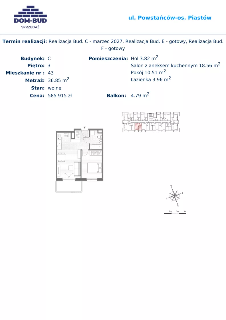 2 pokoje, mieszkanie 36,85 m², piętro 3, oferta nr 43, ul. Powstańców / os. Piastów - Budynek C, Kraków, Mistrzejowice, Osiedle Piastów, ul. Powstańców / os. Piastów 75