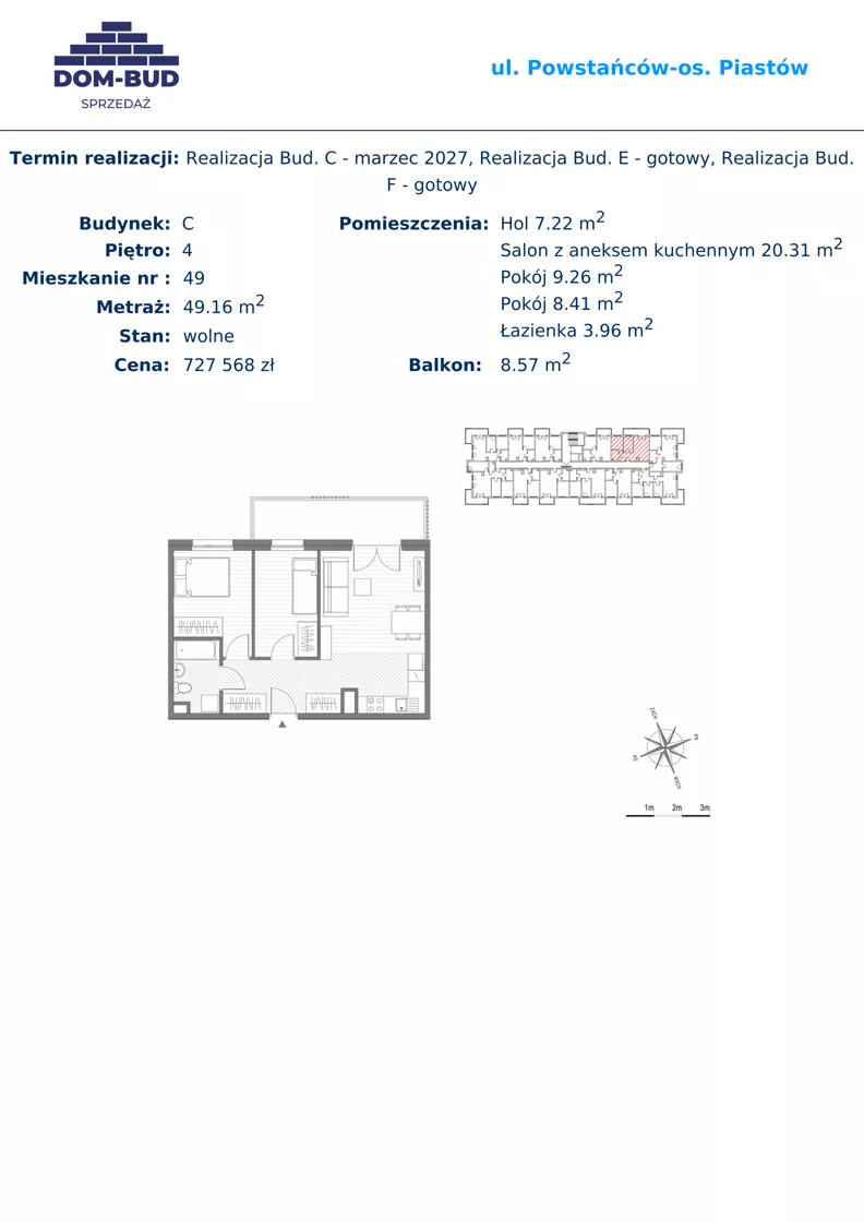 3 pokoje, mieszkanie 49,16 m², piętro 4, oferta nr 49, ul. Powstańców / os. Piastów - Budynek C, Kraków, Mistrzejowice, Osiedle Piastów, ul. Powstańców / os. Piastów 75