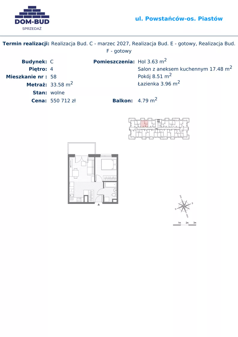 2 pokoje, mieszkanie 33,58 m², piętro 4, oferta nr 58, ul. Powstańców / os. Piastów - Budynek C, Kraków, Mistrzejowice, Osiedle Piastów, ul. Powstańców / os. Piastów 75