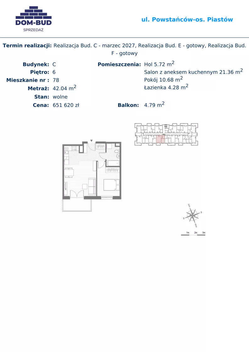 2 pokoje, mieszkanie 42,04 m², piętro 6, oferta nr 78, ul. Powstańców / os. Piastów - Budynek C, Kraków, Mistrzejowice, Osiedle Piastów, ul. Powstańców / os. Piastów 75