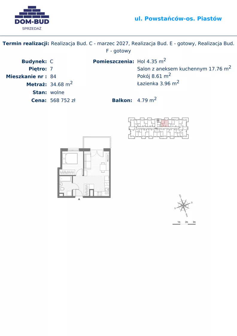 2 pokoje, mieszkanie 34,68 m², piętro 7, oferta nr 84, ul. Powstańców / os. Piastów - Budynek C, Kraków, Mistrzejowice, Osiedle Piastów, ul. Powstańców / os. Piastów 75