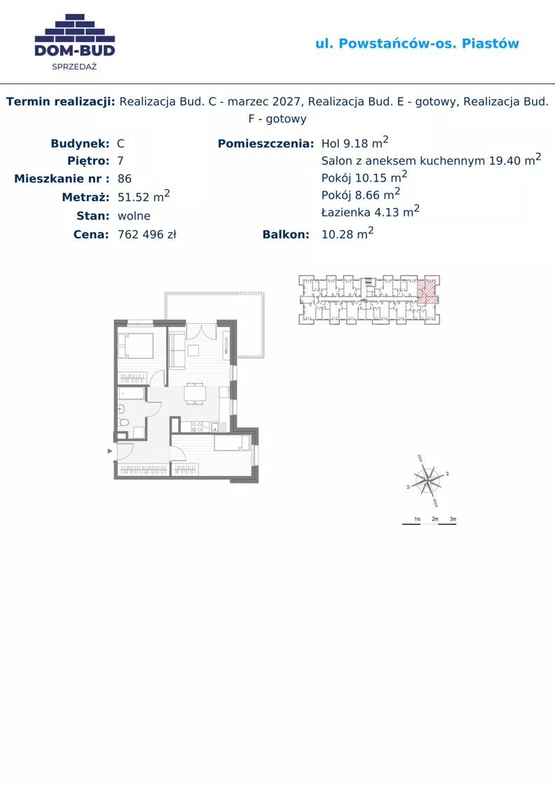 3 pokoje, mieszkanie 51,52 m², piętro 7, oferta nr 86, ul. Powstańców / os. Piastów - Budynek C, Kraków, Mistrzejowice, Osiedle Piastów, ul. Powstańców / os. Piastów 75