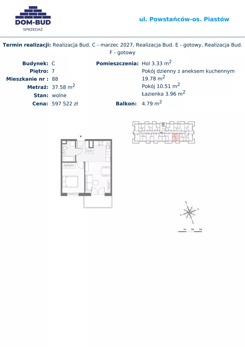 2 pokoje, mieszkanie 37,58 m², piętro 7, oferta nr 88, ul. Powstańców / os. Piastów - Budynek C, Kraków, Mistrzejowice, Osiedle Piastów, ul. Powstańców / os. Piastów 75