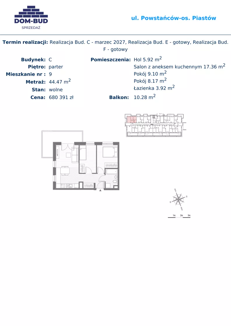 3 pokoje, mieszkanie 44,47 m², parter, oferta nr 9, ul. Powstańców / os. Piastów - Budynek C, Kraków, Mistrzejowice, Osiedle Piastów, ul. Powstańców / os. Piastów 75