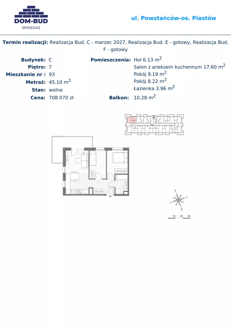 3 pokoje, mieszkanie 45,10 m², piętro 7, oferta nr 93, ul. Powstańców / os. Piastów - Budynek C, Kraków, Mistrzejowice, Osiedle Piastów, ul. Powstańców / os. Piastów 75