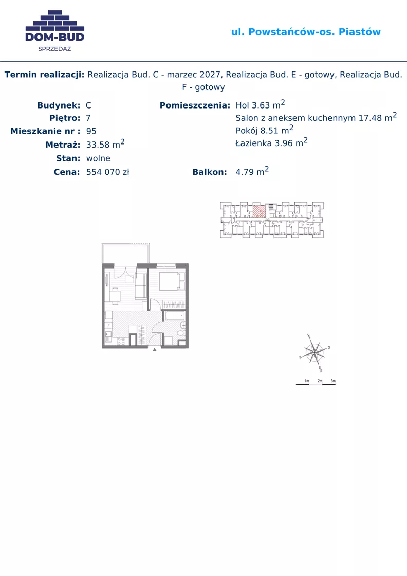 2 pokoje, mieszkanie 33,58 m², piętro 7, oferta nr 95, ul. Powstańców / os. Piastów - Budynek C, Kraków, Mistrzejowice, Osiedle Piastów, ul. Powstańców / os. Piastów 75