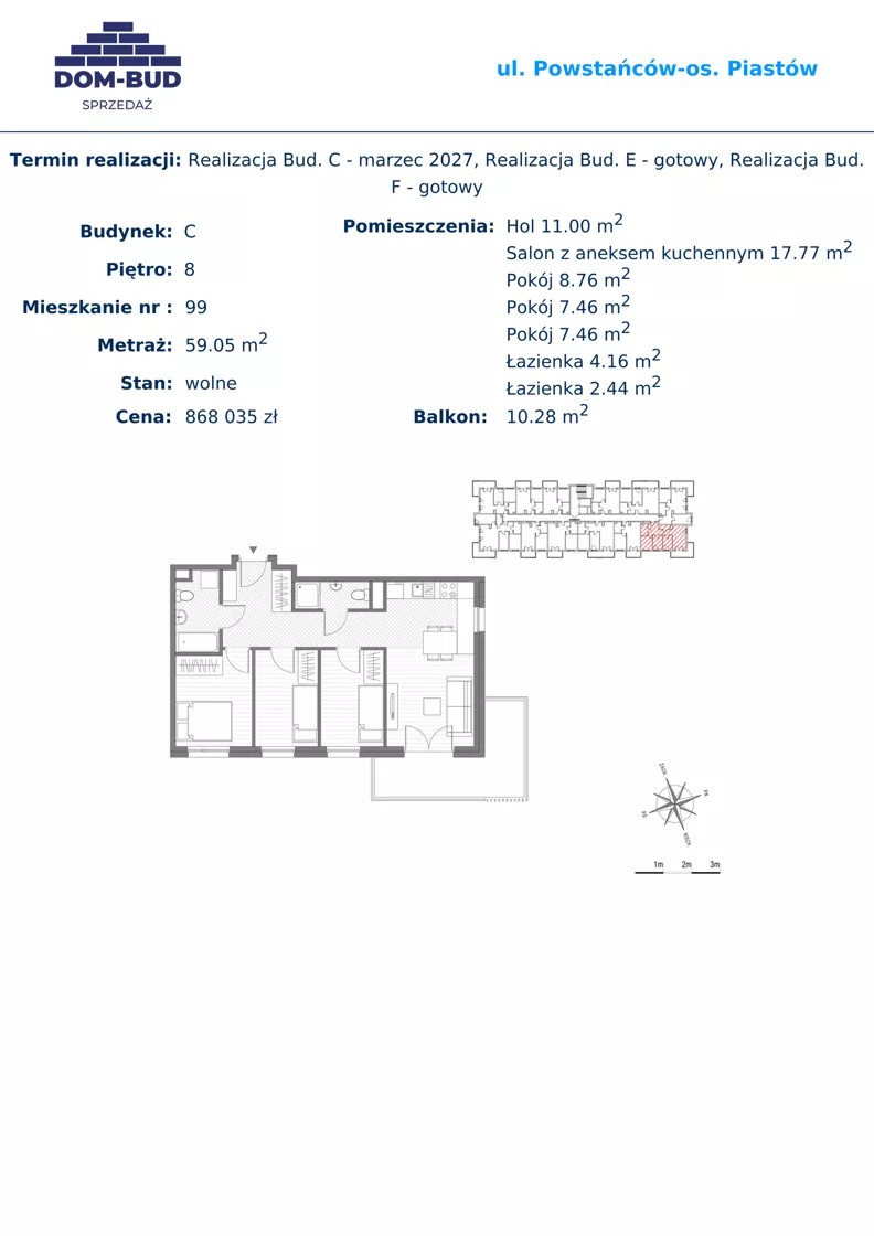 4 pokoje, mieszkanie 59,05 m², piętro 8, oferta nr 99, ul. Powstańców / os. Piastów - Budynek C, Kraków, Mistrzejowice, Osiedle Piastów, ul. Powstańców / os. Piastów 75