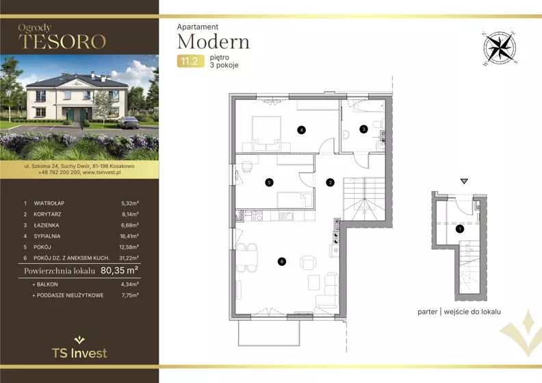 3 pokoje, apartament 81,00 m², piętro 1, oferta nr 11.2, Ogrody Tesoro - Apartamenty Modern, Gdynia, Pogórze, Suchy Dwór ul. Szkolna 24