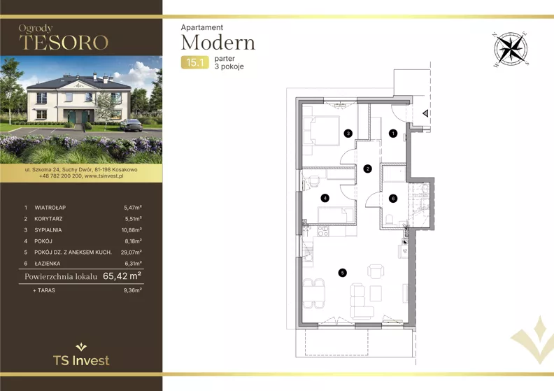3 pokoje, apartament 65,00 m², parter, oferta nr 15.1, Ogrody Tesoro - Apartamenty Modern, Gdynia, Pogórze, Suchy Dwór ul. Szkolna 24