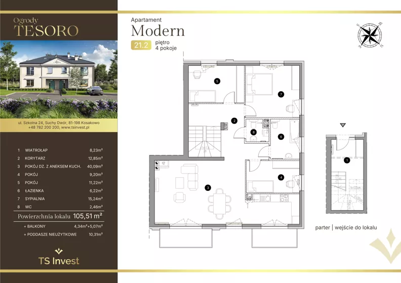 4 pokoje, apartament 106,00 m², piętro 1, oferta nr 21.2, Ogrody Tesoro - Apartamenty Modern, Gdynia, Pogórze, Suchy Dwór ul. Szkolna 24
