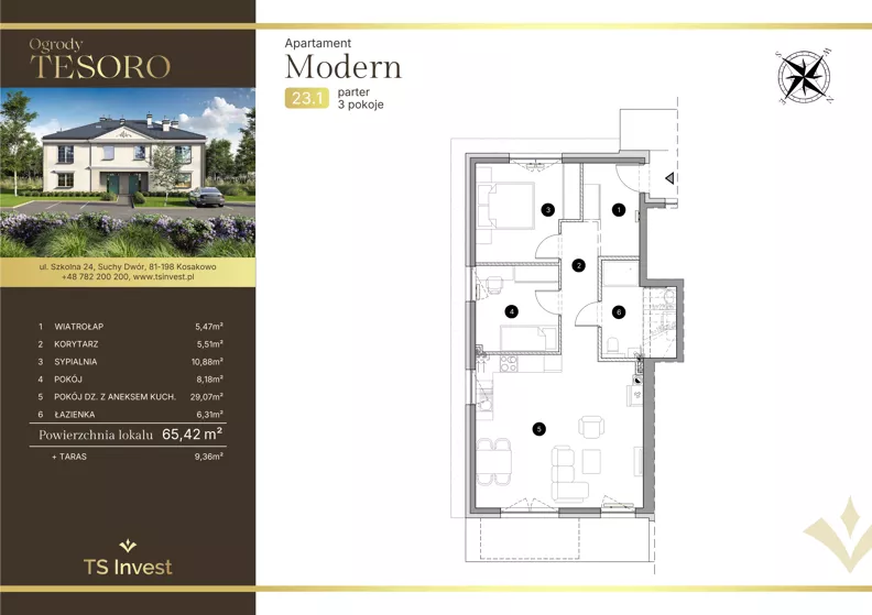 3 pokoje, apartament 65,00 m², parter, oferta nr 23.1, Ogrody Tesoro - Apartamenty Modern, Gdynia, Pogórze, Suchy Dwór ul. Szkolna 24