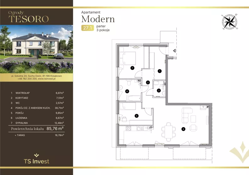 3 pokoje, apartament 86,00 m², parter, oferta nr 27.1, Ogrody Tesoro - Apartamenty Modern, Gdynia, Pogórze, Suchy Dwór ul. Szkolna 24