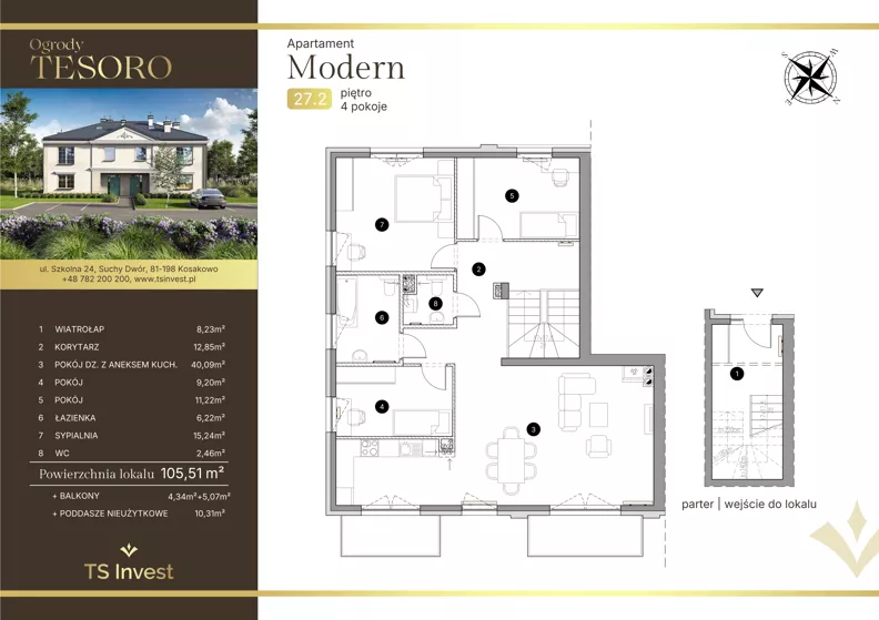 4 pokoje, apartament 106,00 m², piętro 1, oferta nr 27.2, Ogrody Tesoro - Apartamenty Modern, Gdynia, Pogórze, Suchy Dwór ul. Szkolna 24